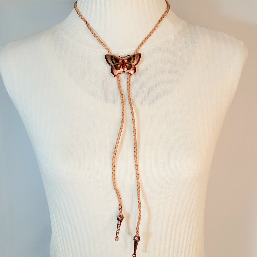 Handmade Bolo Tie Painted Enameled Monarch Butterfly Braided Leather Cord